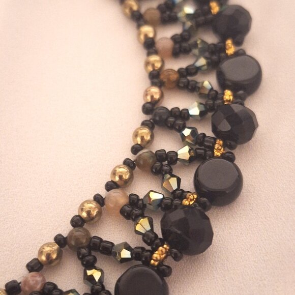 Artisan Dark Agate and Iridescent Crystal Bead Collar Necklace with Gold Accents - Picture 6 of 7
